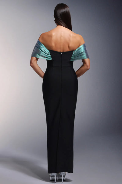 Dorie Derin V Yaka Bandaj Omuz Açık İnci Uzun Elbise