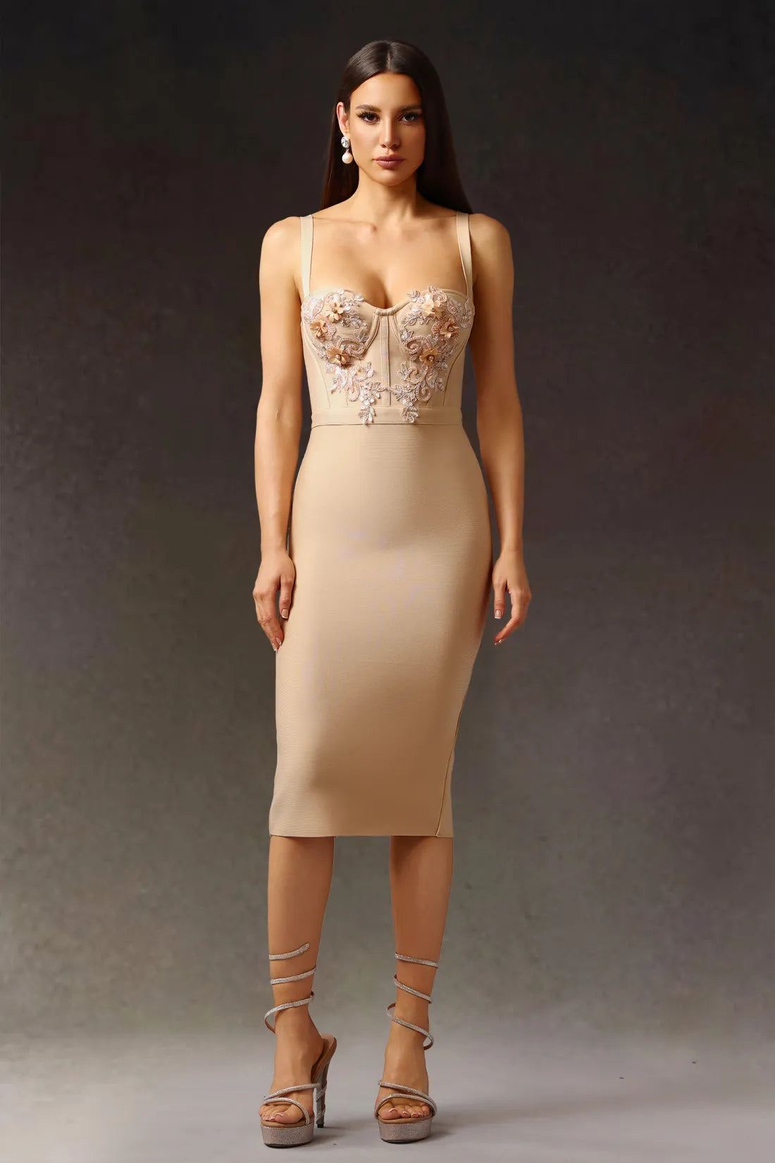 Euran Kolsuz Çiçekli Bandaj Midi Elbise