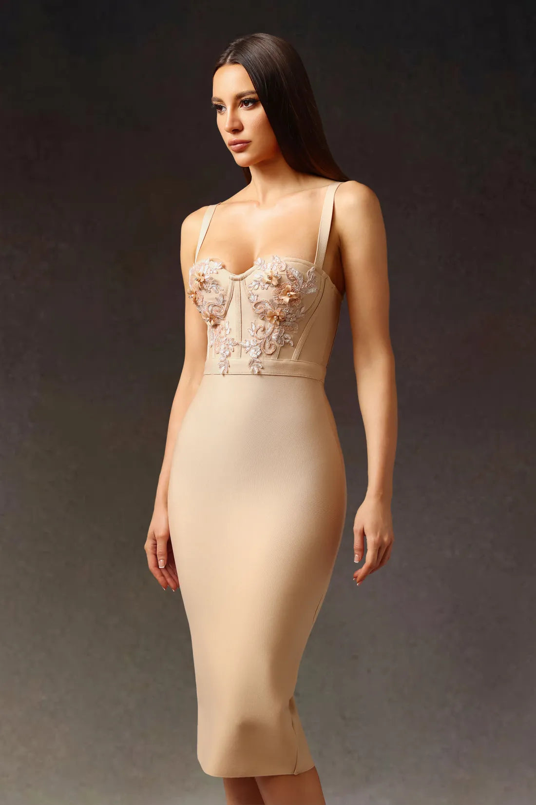 Euran Kolsuz Çiçekli Bandaj Midi Elbise