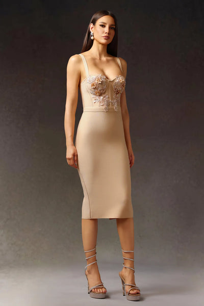 Euran Kolsuz Çiçekli Bandaj Midi Elbise