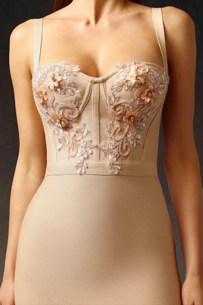 Euran Kolsuz Çiçekli Bandaj Midi Elbise