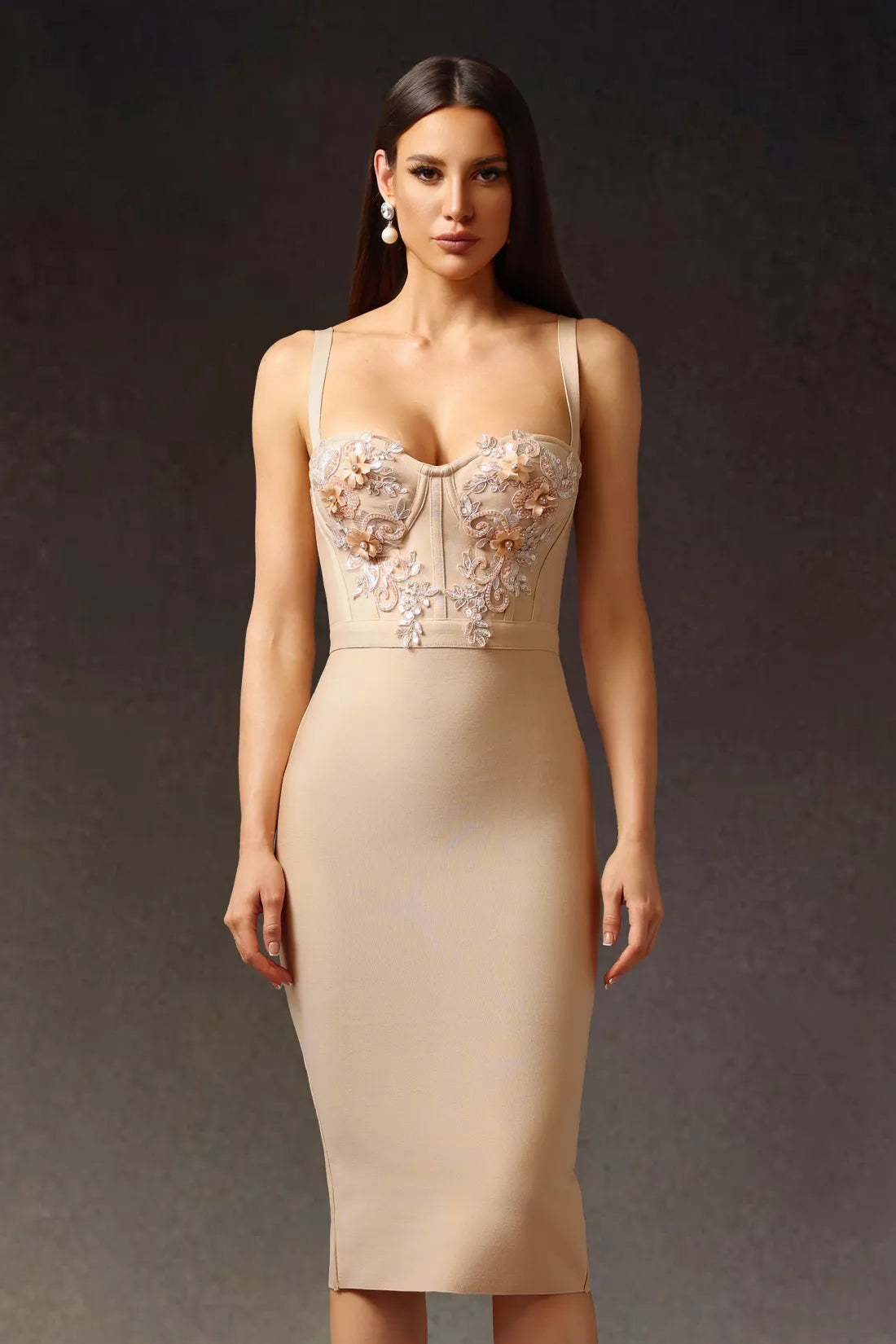 Euran Kolsuz Çiçekli Bandaj Midi Elbise