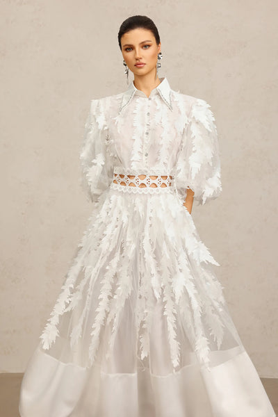 Yvonne Yakalı Dirsek Kollu Katlı Uzun Elbise