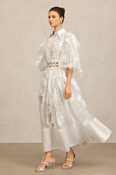 Yvonne Yakalı Dirsek Kollu Katlı Uzun Elbise