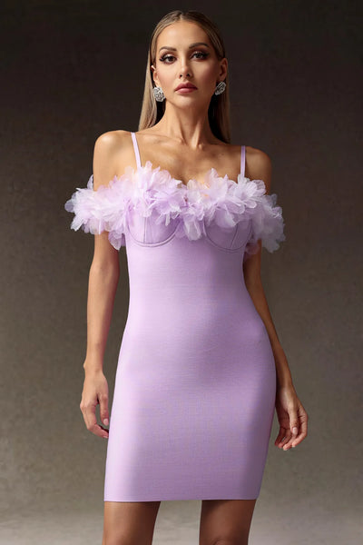 Verney Kolsuz Omuzdan Açık Çiçekli Bandaj Mini Elbise