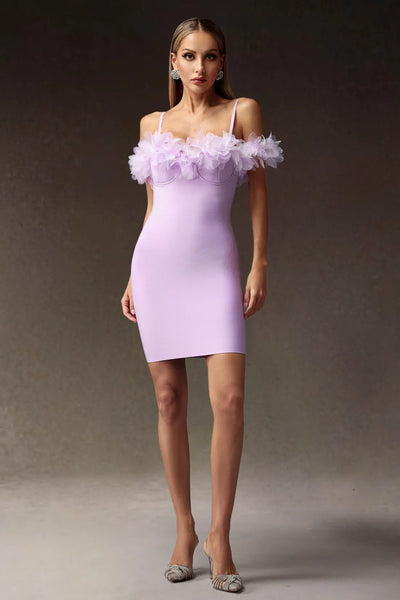 Verney Kolsuz Omuzdan Açık Çiçekli Bandaj Mini Elbise