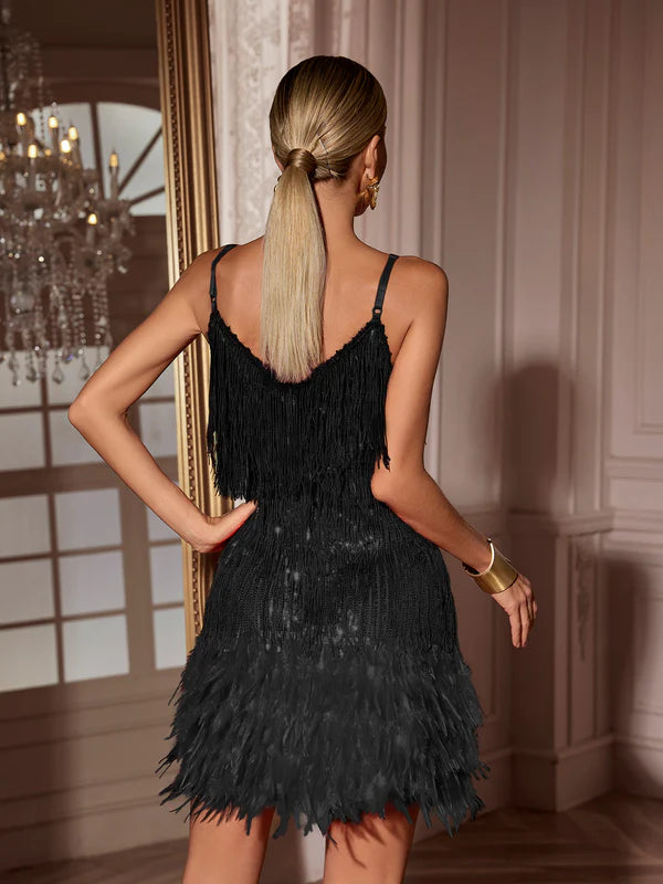 Austyn Siyah Püsküllü Tüylü Mini Elbise