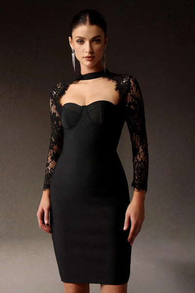 Jouy Uzun Kollu Boyundan Bağlamalı Dantel Bandaj Midi Elbise