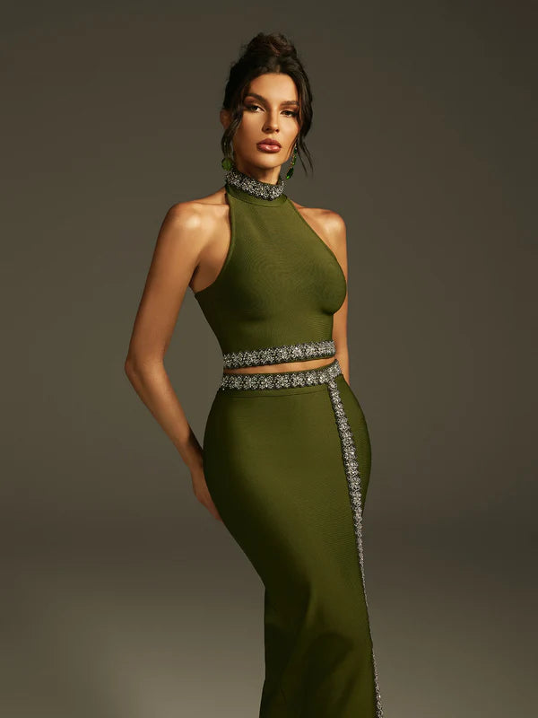 Landri Halter Yaka Kristal Bandaj Etek Takımı