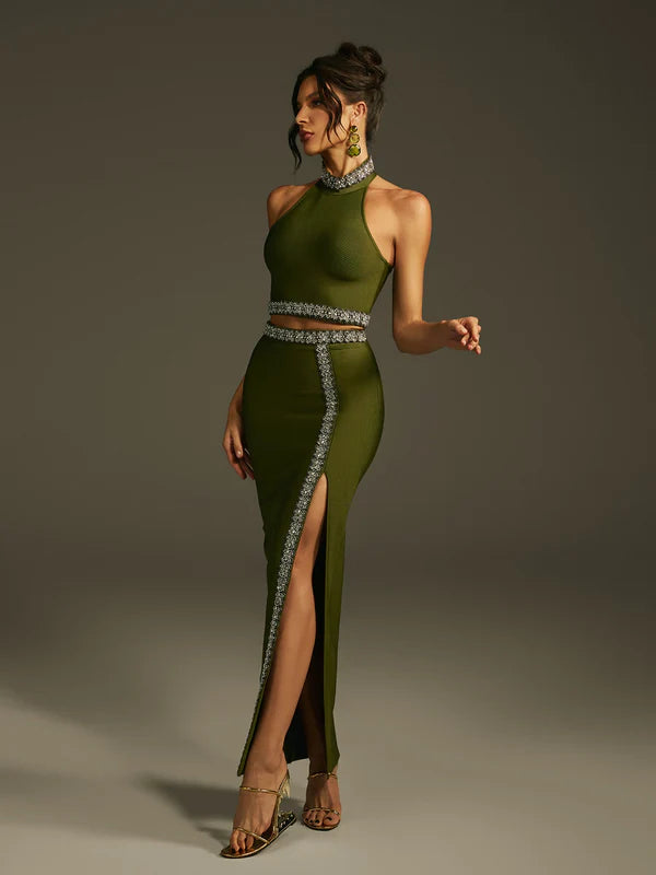 Landri Halter Yaka Kristal Bandaj Etek Takımı