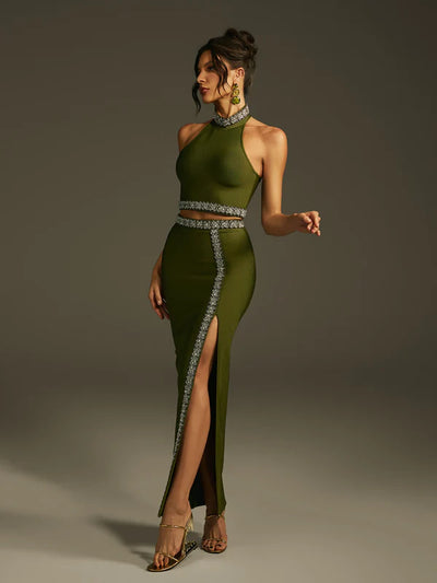 Landri Halter Yaka Kristal Bandaj Etek Takımı