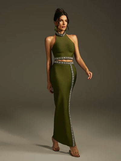 Landri Halter Yaka Kristal Bandaj Etek Takımı