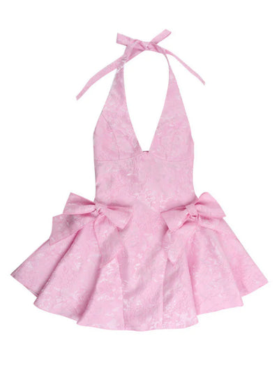 Yaldrex Derin Yaka Fiyonklu Jakarlı Mini Elbise