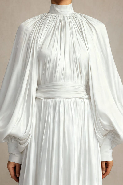 Kuhany Katlı Beyaz Uzun Elbise