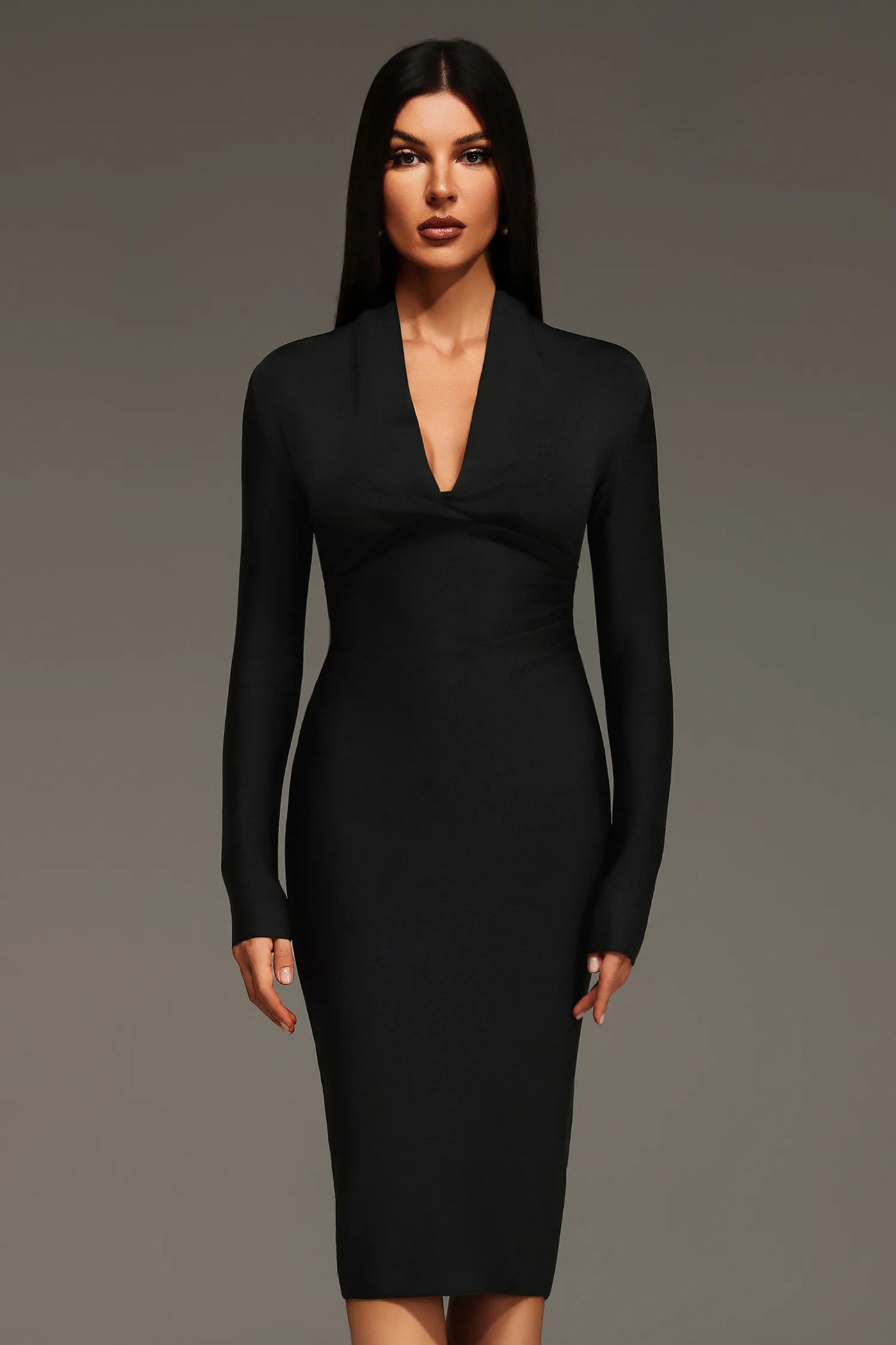 Ieesha Uzun Kollu V Yaka Bandaj Midi Elbise