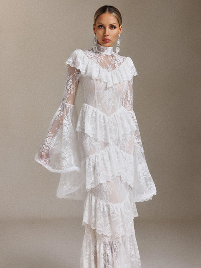 Malvina Volanlı Dantel Uzun Elbise