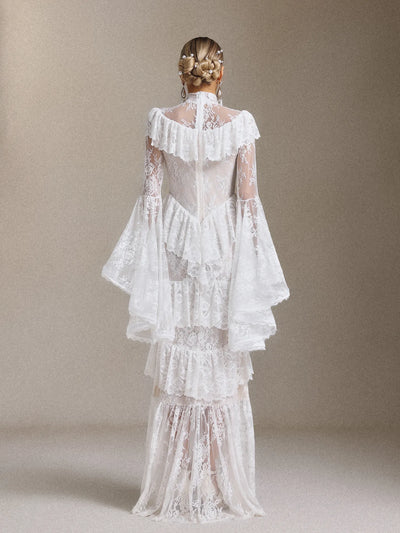 Malvina Volanlı Dantel Uzun Elbise