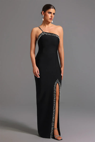 Mattey Bandaj Tek Omuzlu İnci Yırtmaçlı Uzun Elbise