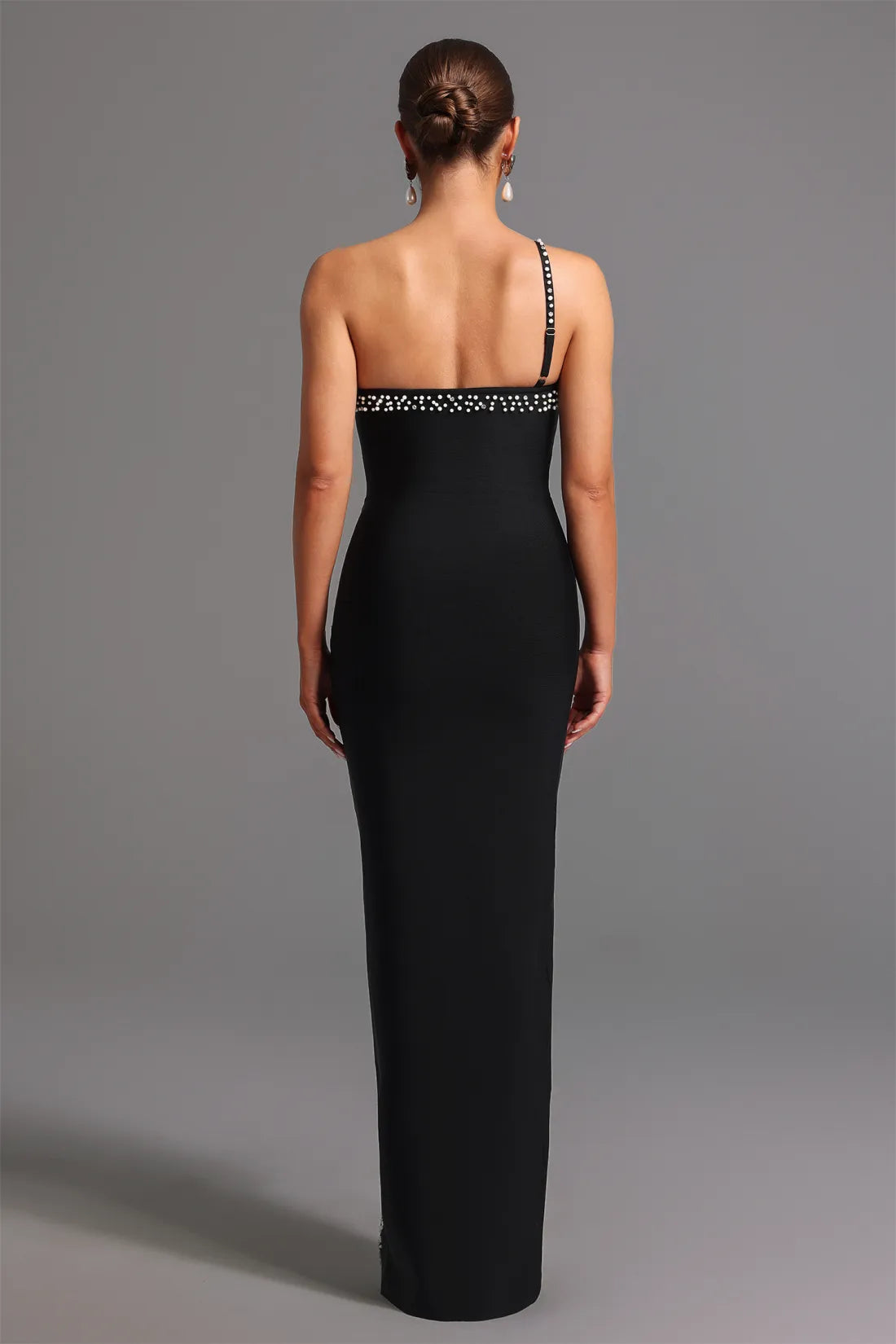 Mattey Bandaj Tek Omuzlu İnci Yırtmaçlı Uzun Elbise