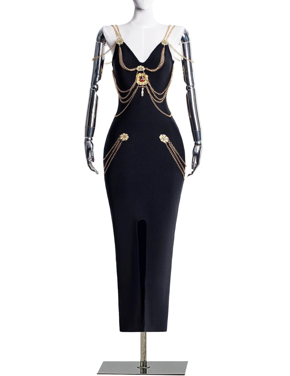 Metal Süslemeli Siyah Uzun Elbise