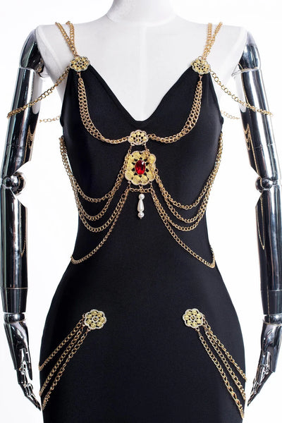 Metal Süslemeli Siyah Uzun Elbise