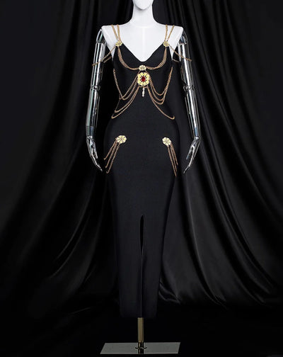 Metal Süslemeli Siyah Uzun Elbise