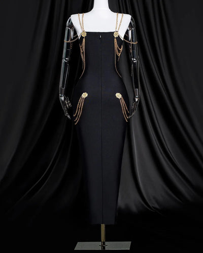 Metal Süslemeli Siyah Uzun Elbise