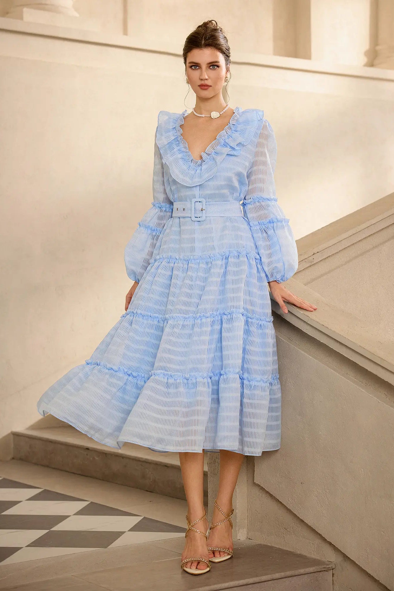 Mavi Fileli Puf Kollu Midi Elbise