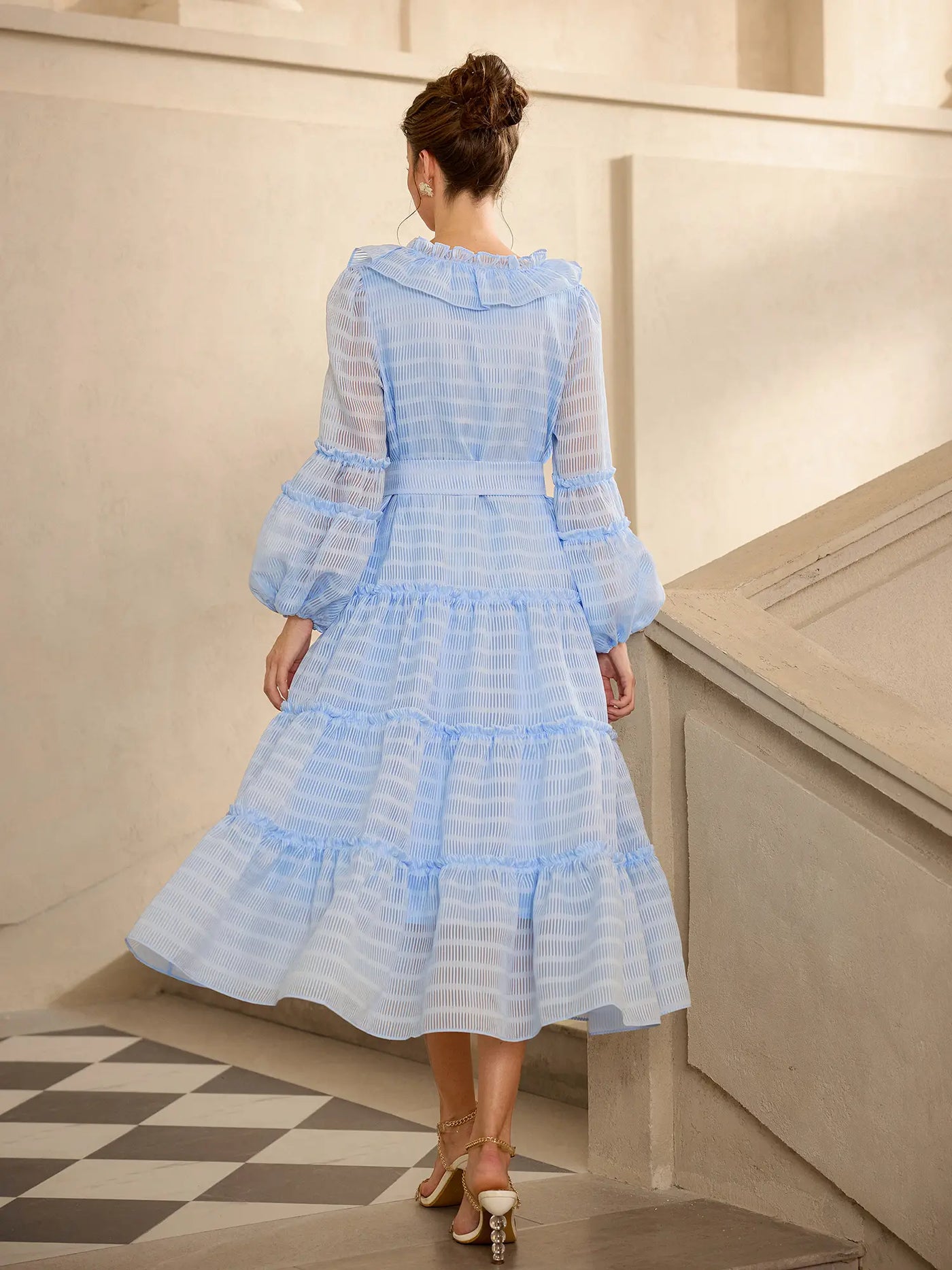 Mavi Fileli Puf Kollu Midi Elbise