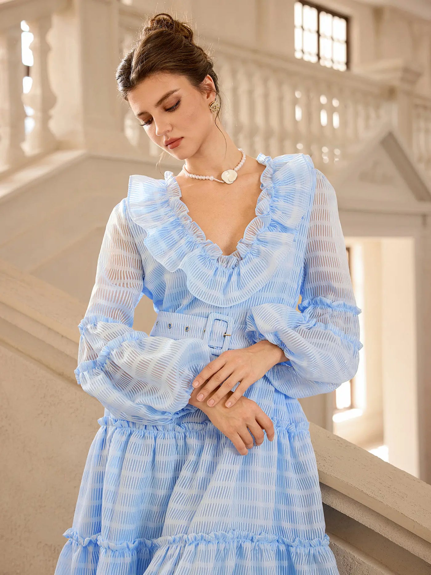 Mavi Fileli Puf Kollu Midi Elbise