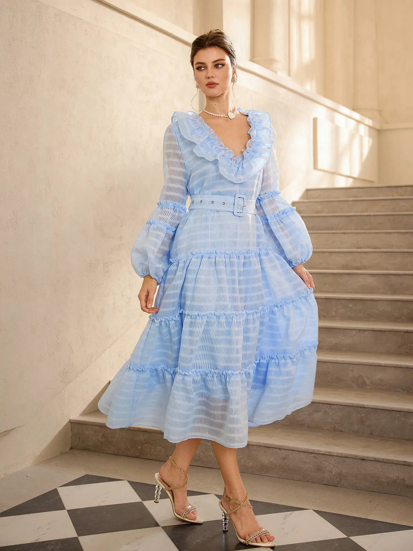 Mavi Fileli Puf Kollu Midi Elbise