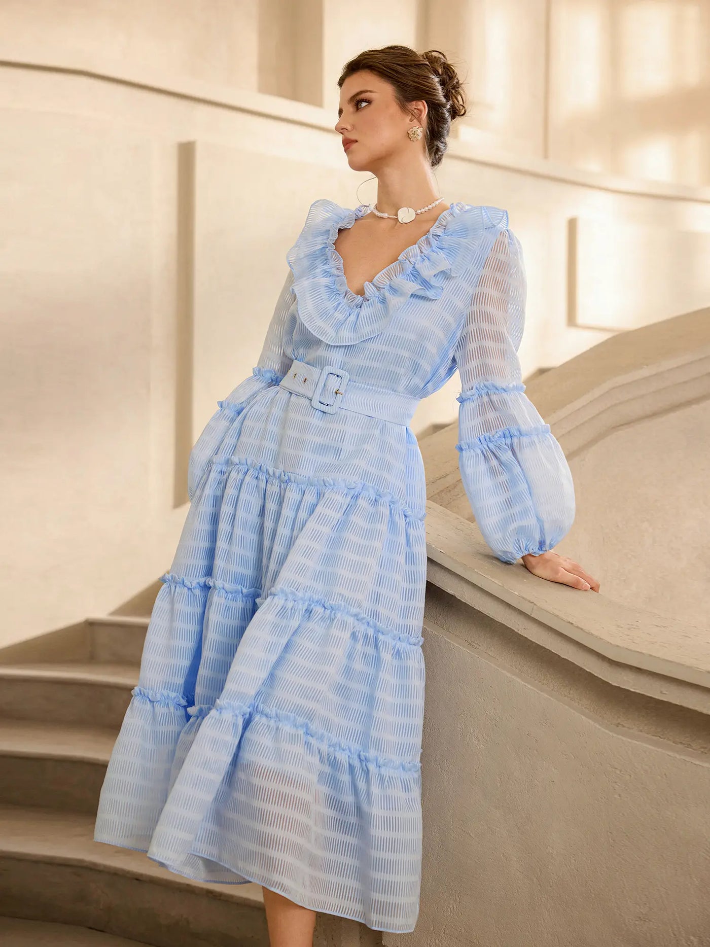 Mavi Fileli Puf Kollu Midi Elbise