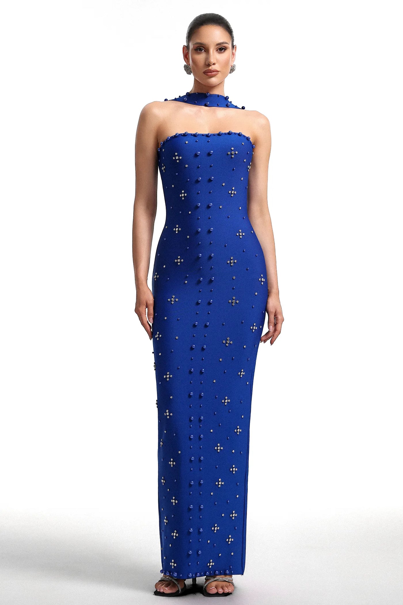 Nesya İnci Bandaj Mavi Uzun Elbise