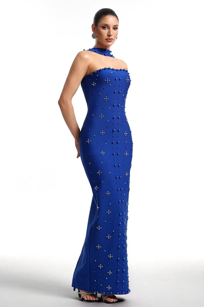 Nesya İnci Bandaj Mavi Uzun Elbise