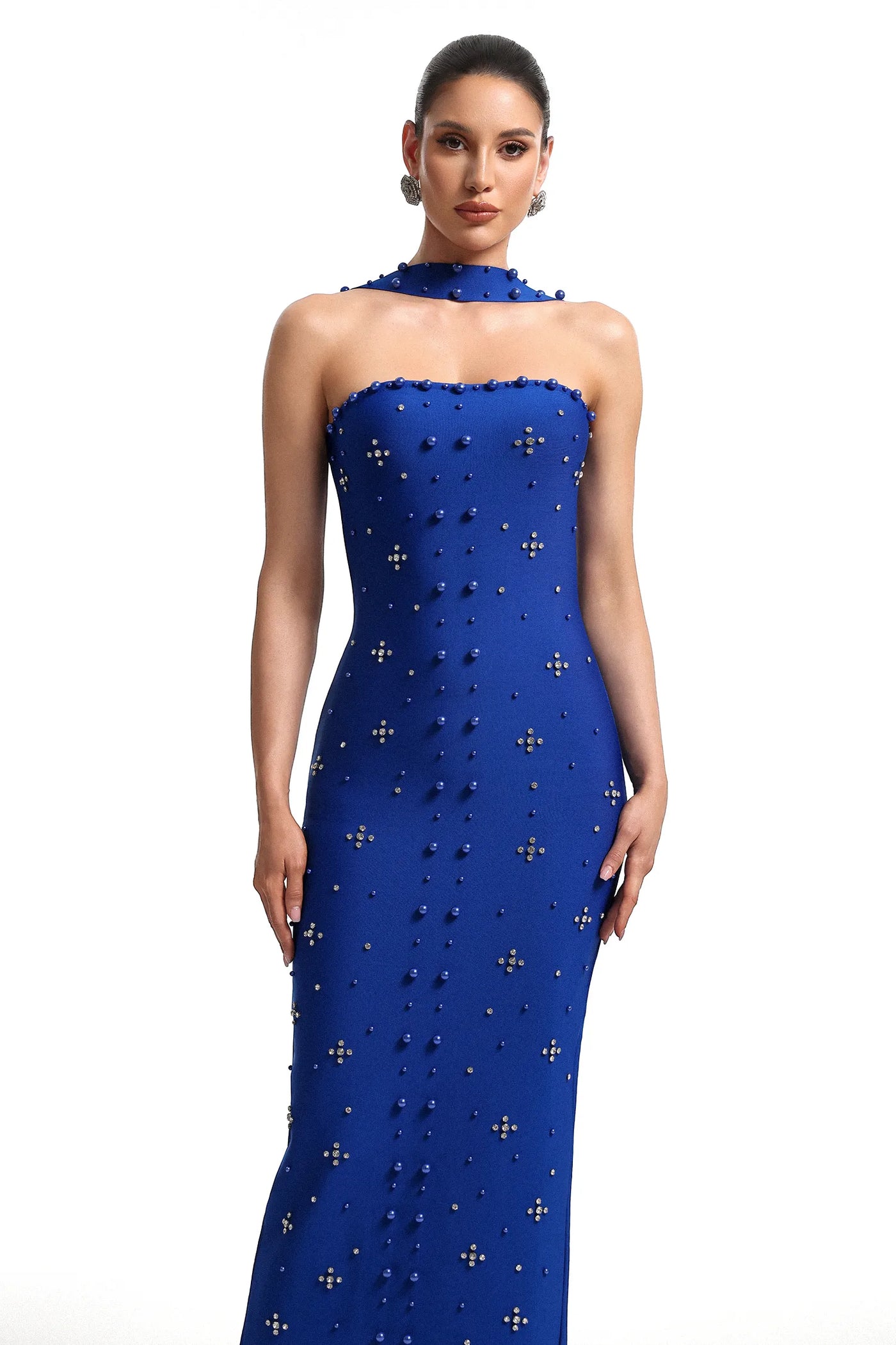 Nesya İnci Bandaj Mavi Uzun Elbise