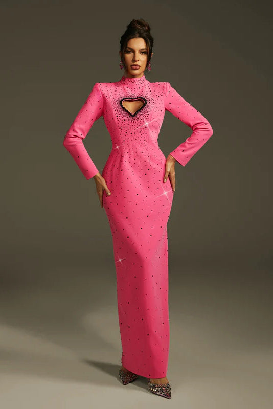 Oaelrix Sırtı Açık Kalp Taşlı Uzun Elbise