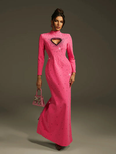 Oaelrix Sırtı Açık Kalp Taşlı Uzun Elbise