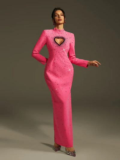 Oaelrix Sırtı Açık Kalp Taşlı Uzun Elbise