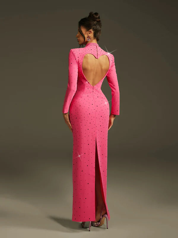 Oaelrix Sırtı Açık Kalp Taşlı Uzun Elbise