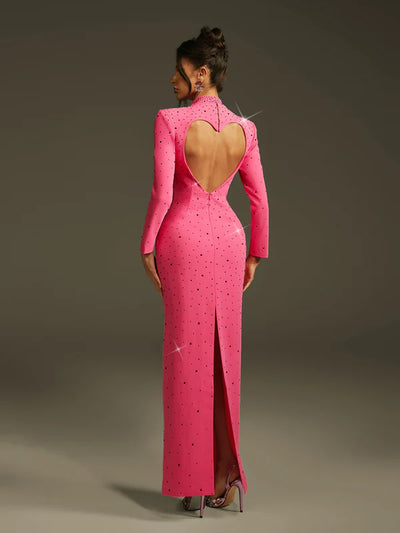 Oaelrix Sırtı Açık Kalp Taşlı Uzun Elbise