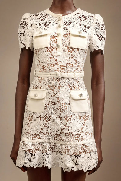 Yuvarlak Yaka Kısa Kollu Elmas Dantel Mini Elbise