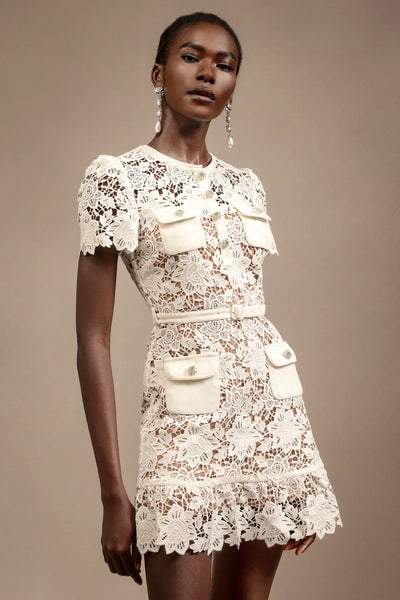 Yuvarlak Yaka Kısa Kollu Elmas Dantel Mini Elbise