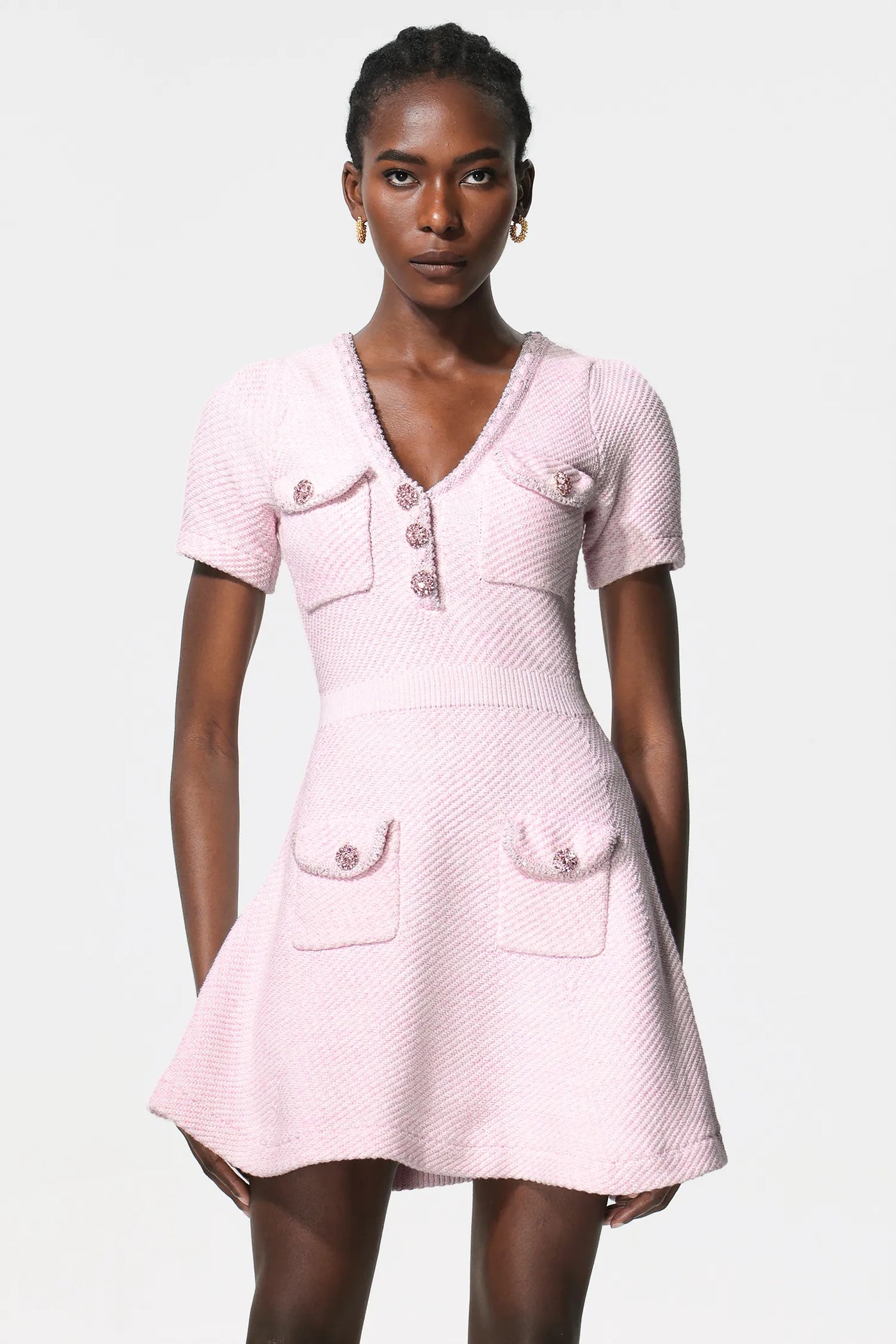 Sarada V Yaka Elmas Kısa Kollu Mini Elbise