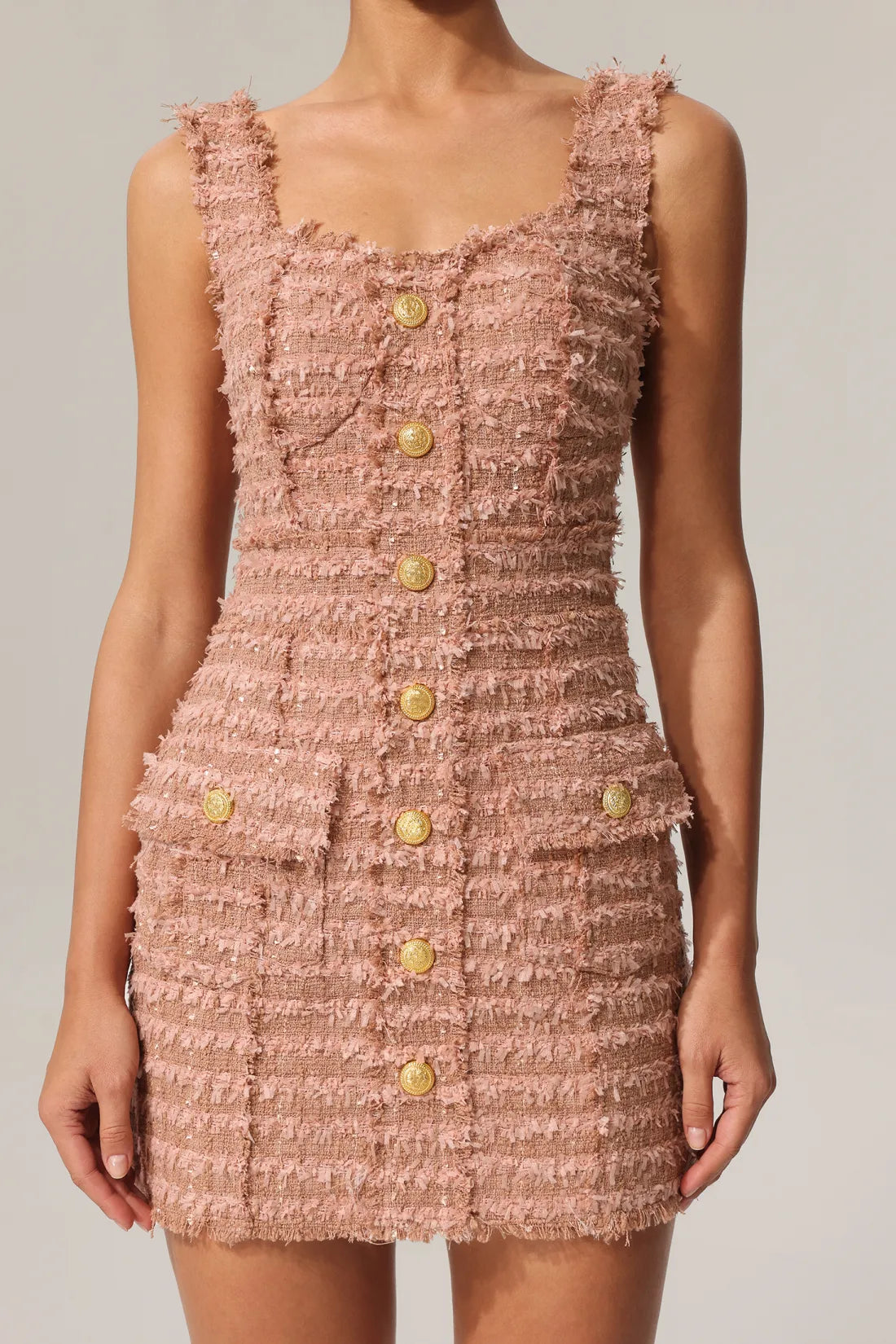 Taliesin Altın Düğmeli Askılı Tweed Mini Elbise