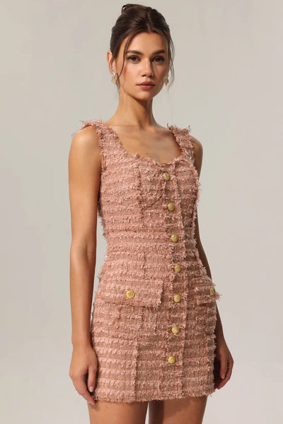 Taliesin Altın Düğmeli Askılı Tweed Mini Elbise