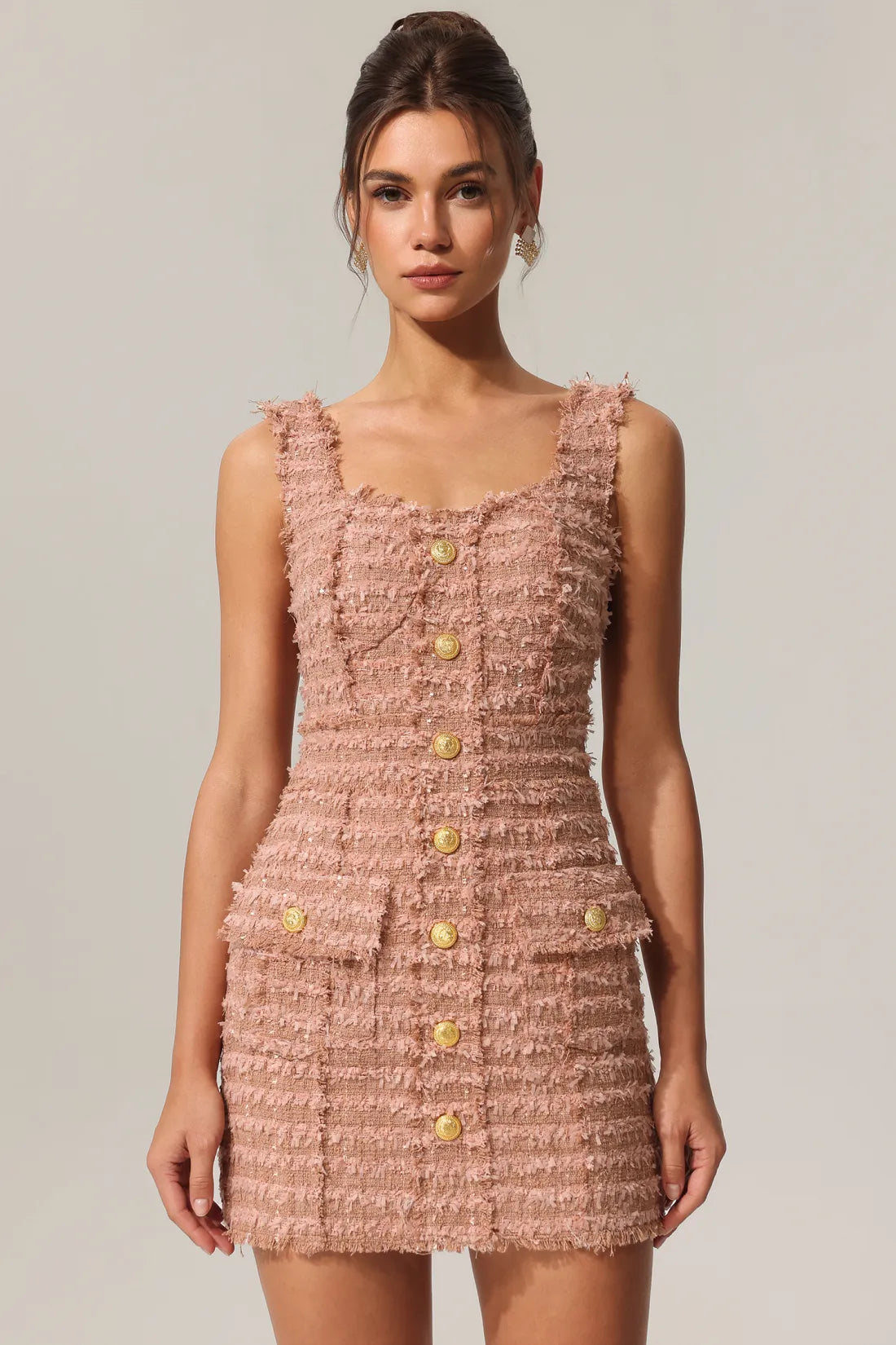 Taliesin Altın Düğmeli Askılı Tweed Mini Elbise