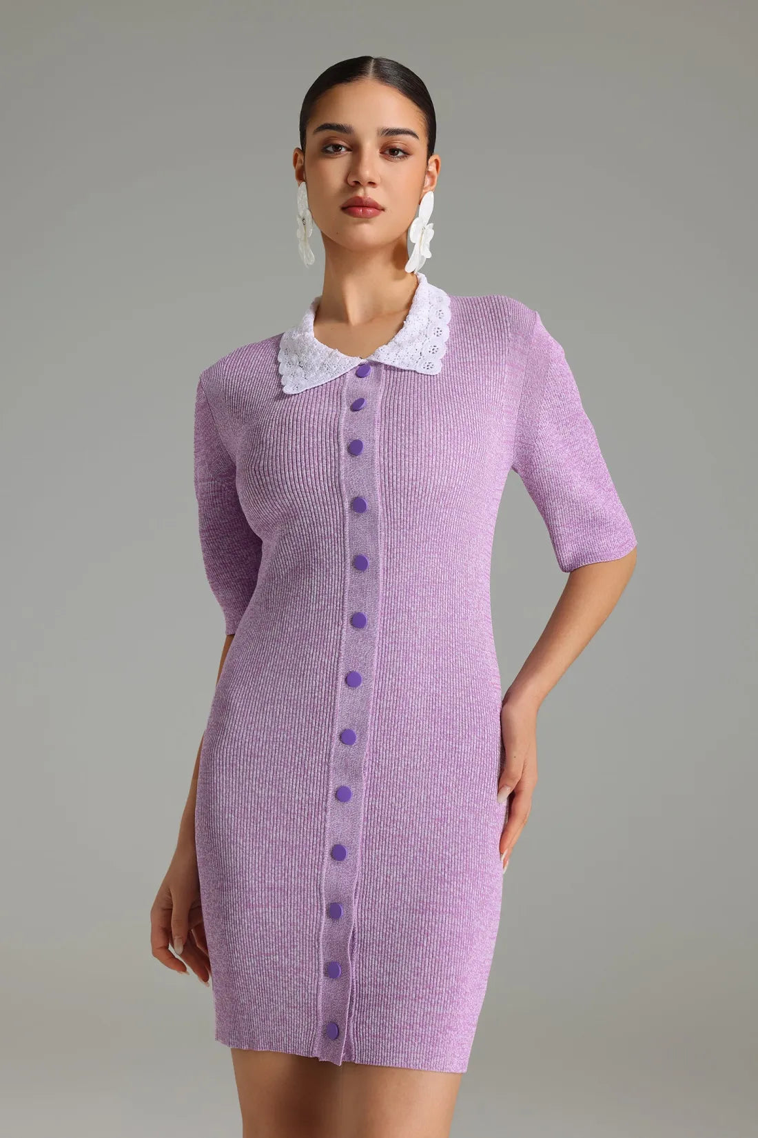 Perrine Önü Düğmeli Örme Mini Elbise