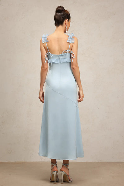 Vikiya Boyundan Bağlamalı Fırfırlı İlmek Uzun Elbise