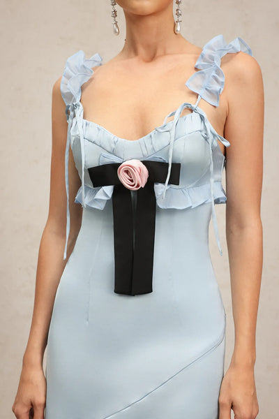 Vikiya Boyundan Bağlamalı Fırfırlı İlmek Uzun Elbise