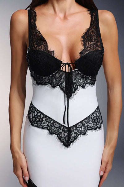 Yaliu Derin V Yaka Dantel Bandaj Uzun Elbise